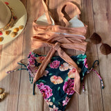 Bikini Cintura Alta Floral Top Cruzado Rosado