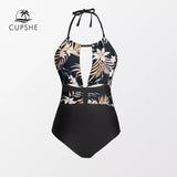 Monokini Cuello Halter Negro Floreado