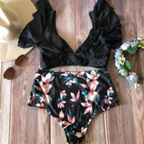 Bikini cintura alta, blusa Vuelos Negro/ Flor