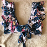 Bikini cintura alta abierto Azul blusa vuelos Blanca