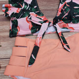 Bikini Cintura Alta Abierto Peach Top Vuelos con Hojas