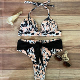 Bikini Cinta Negra Leopardo Rosa