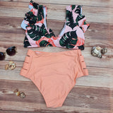 Bikini Cintura Alta Abierto Peach Top Vuelos con Hojas