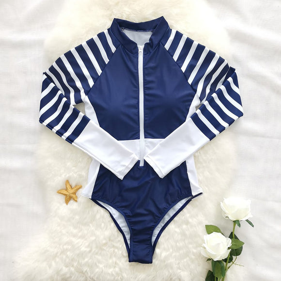 Monokini manga larga Azul Marino Rayado