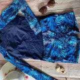 Tankini Manga Larga Short Azul con Hojas