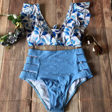 Bikini cintura alta abierto con Hojas Celeste y Azul