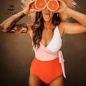 Monokini cruzado peach blanco con moña