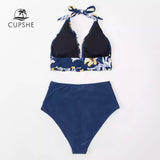 Bikini Cintura Alta Azul Top Azul Amarillo Cruzado