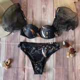 Bikini Cintura alta Negro Push up y Mangas Descartables