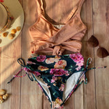 Bikini Cintura Alta Floral Top Cruzado Rosado