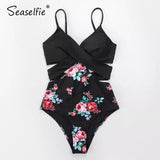 Monokini Cruzado Negro con Flores Rojas