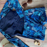 Tankini Manga Larga Short Azul con Hojas