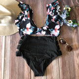 Bikini cintura alta abierto Negro blusa vuelos negro flores