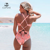 Monokini Peach Flores Blancas Cruce Frontal