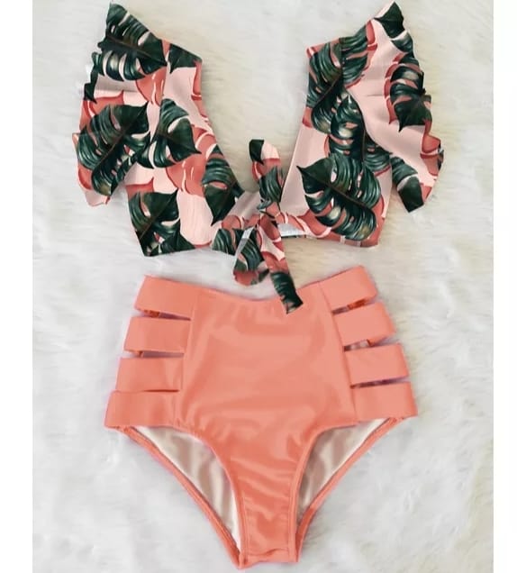 Bikini Cintura Alta Abierto Peach Top Vuelos con Hojas