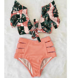 Bikini Cintura Alta Abierto Peach Top Vuelos con Hojas