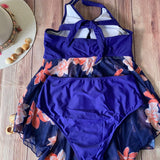 Tankini Azul Largo Flores Rojas Cintura alta