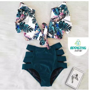 Bikini cintura alta abierto Azul blusa vuelos Blanca