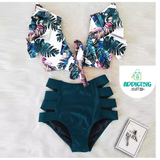 Bikini cintura alta abierto Azul blusa vuelos Blanca