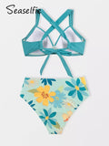 Bikini Cintura Media Celeste Floreado