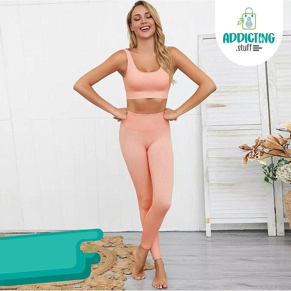 Conjunto Deportivo Top + Legging Franjas Peach