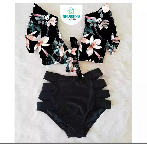 Bikini cintura alta abierto Negro blusa vuelos negro flores