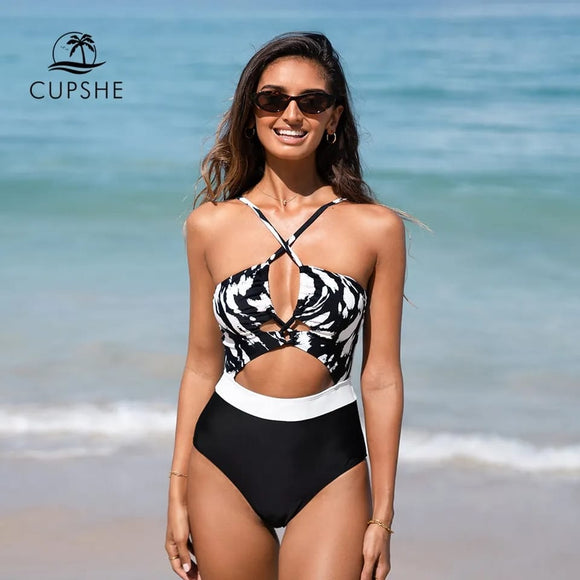 Monokini Escote en V Blanco y Negro Tirante