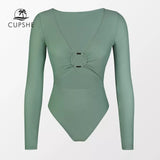 Monokini Verde Cuello en V Manga Larga