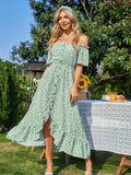 Vestido Largo Verde Floreado Hombro Caído